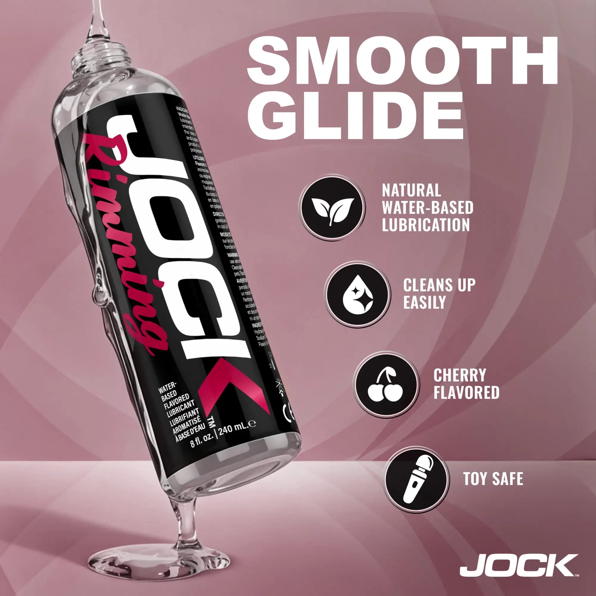 8oz bottle of JOCK Rimming Lubricant (Cherry), black label with pink text, displayed with four product feature icons.
