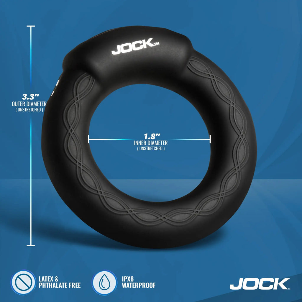 Jock Rumbler vibrating, warming black cock ring with patterned texture, showing diameter measurements and product specs.