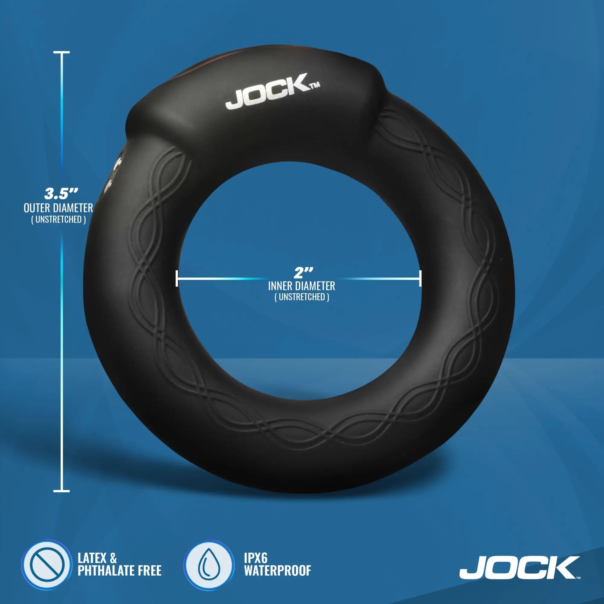 Black, textured Jock Rumbler vibrating and warming cock ring with dimensions shown against a blue background.