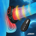 Jock Rumbler vibrating and warming cock ring in black, featuring power and heat controls, with a matching remote.