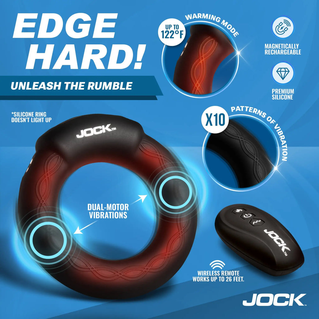 Jock Rumbler: Black silicone vibrating and warming cock ring with a remote control on a blue background.
