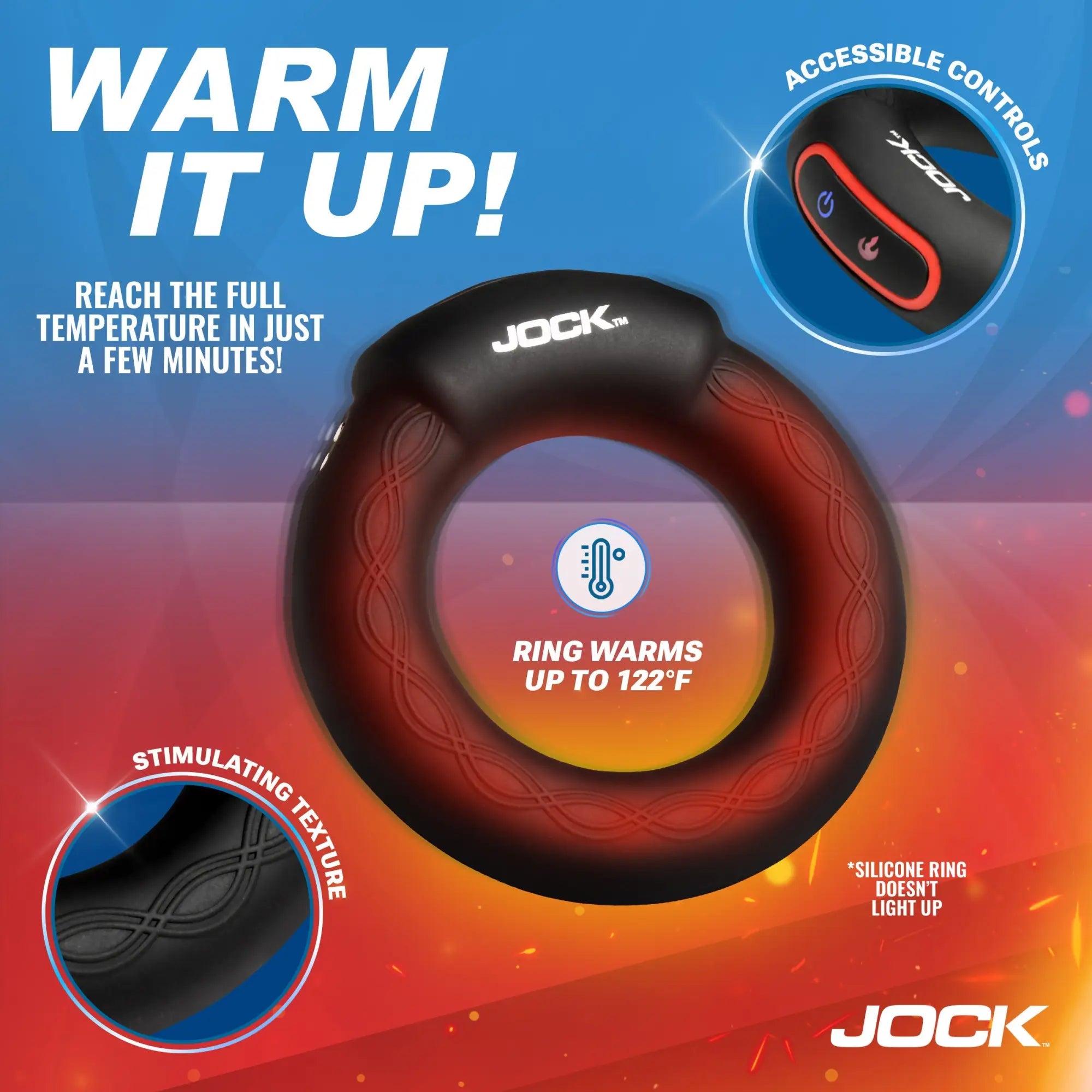 Jock Rumbler vibrating, warming silicone cock ring. Black ring with textured finish and accessible control buttons.