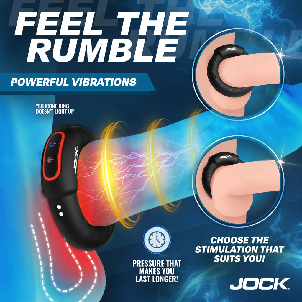 Black Jock Rumbler vibrating, warming cock ring with red power and heat buttons, shown in use on marketing graphics.