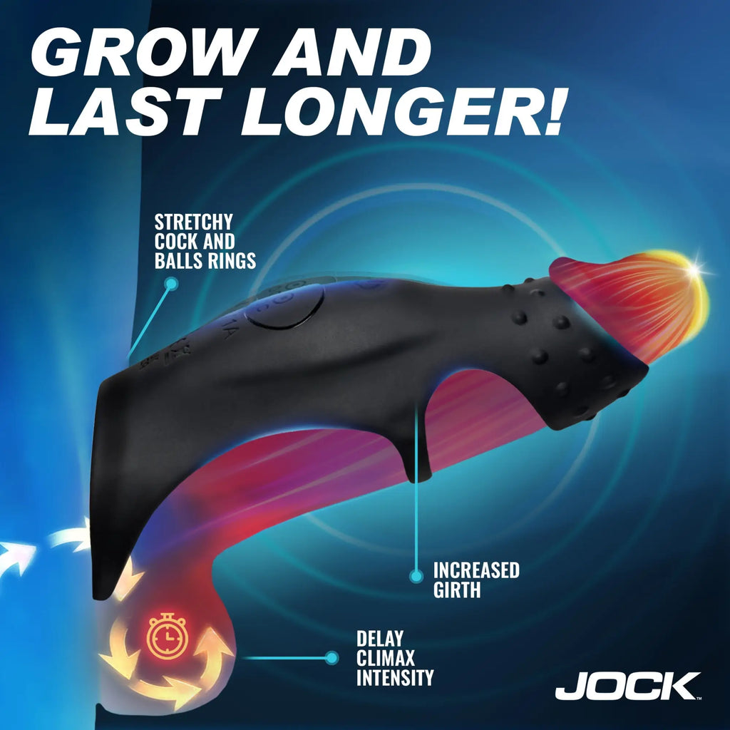 Jock Rush vibrating black penis sleeve and C-ring with labels highlighting features against a blue background.