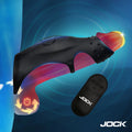 Jock Rush vibrating penis sleeve and c-ring in black with red accents, shown with its wireless remote on a blue background.