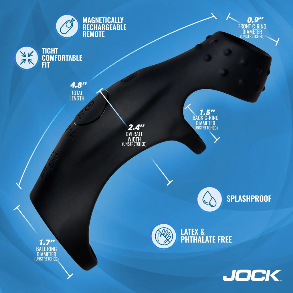 Jock Rush black vibrating penis sleeve and C-ring with remote, featuring technical dimensions on a blue background.