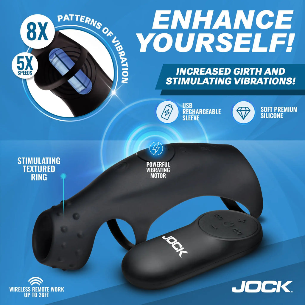 Jock Rush black silicone vibrating penis sleeve and ring with matching wireless remote control on a blue background.