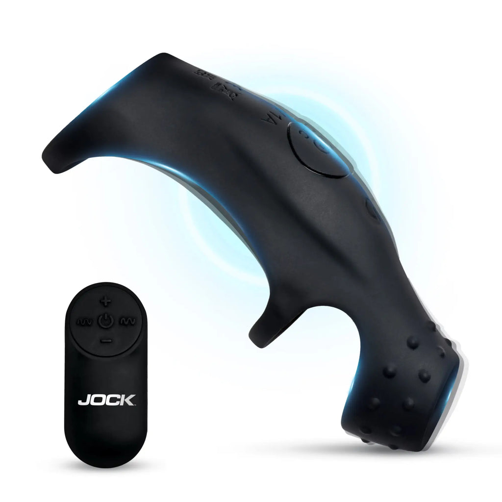 Jock Rush vibrating black penis sleeve and C-ring with remote control on a white background.