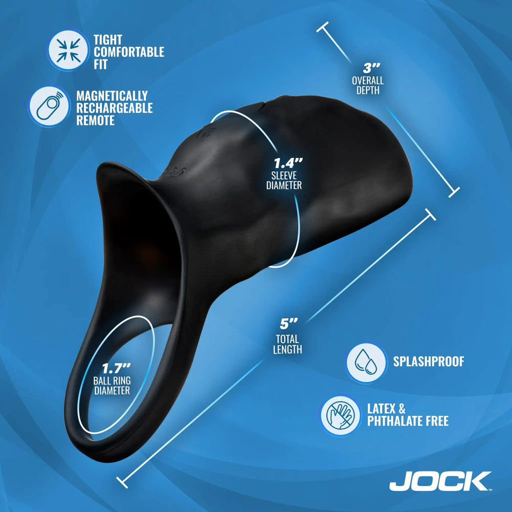 Jock Surge vibrating penis sleeve and C-ring in black, featuring technical dimension labels on a blue background.