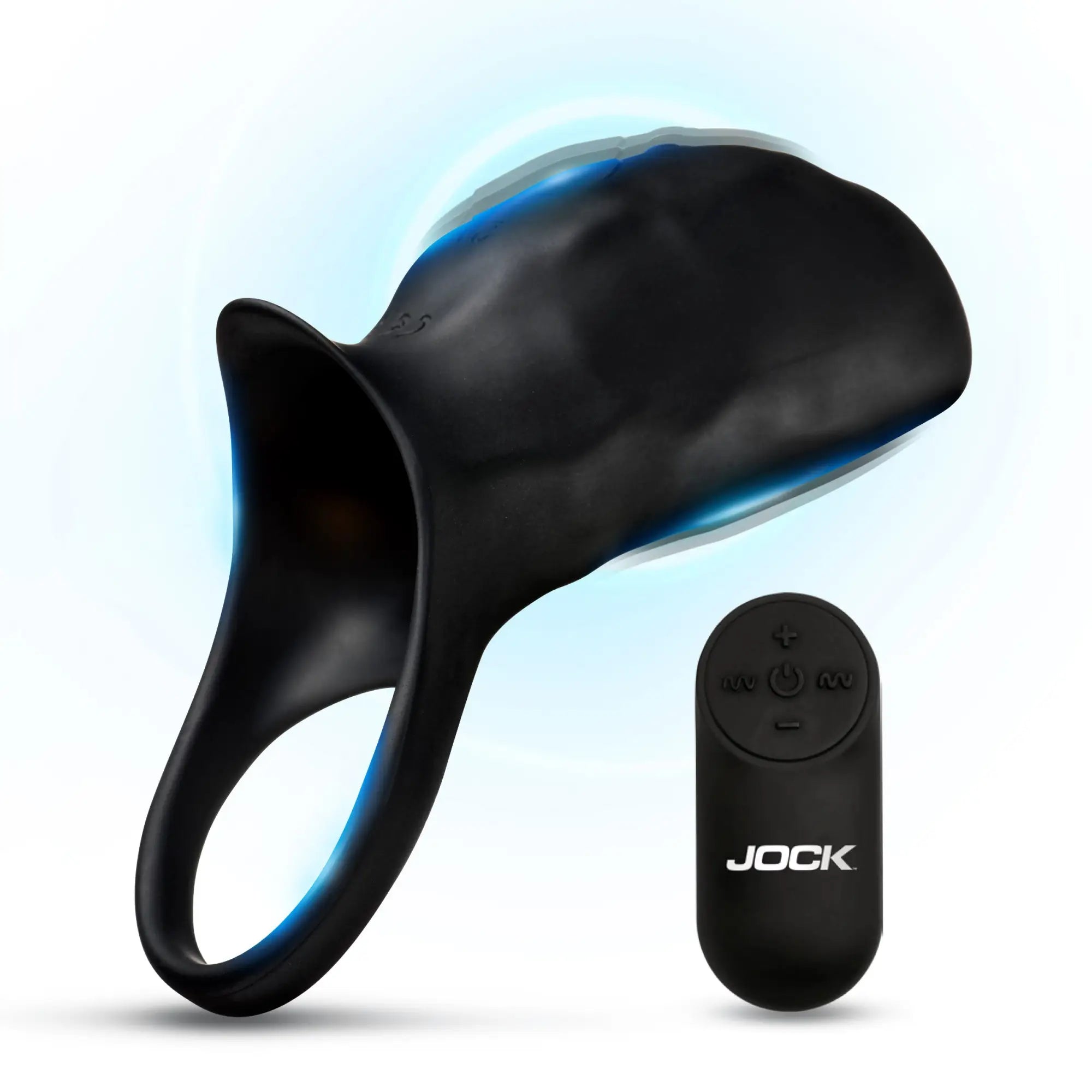 Black Jock Surge vibrating penis sleeve C-ring with matching remote control against a white background.