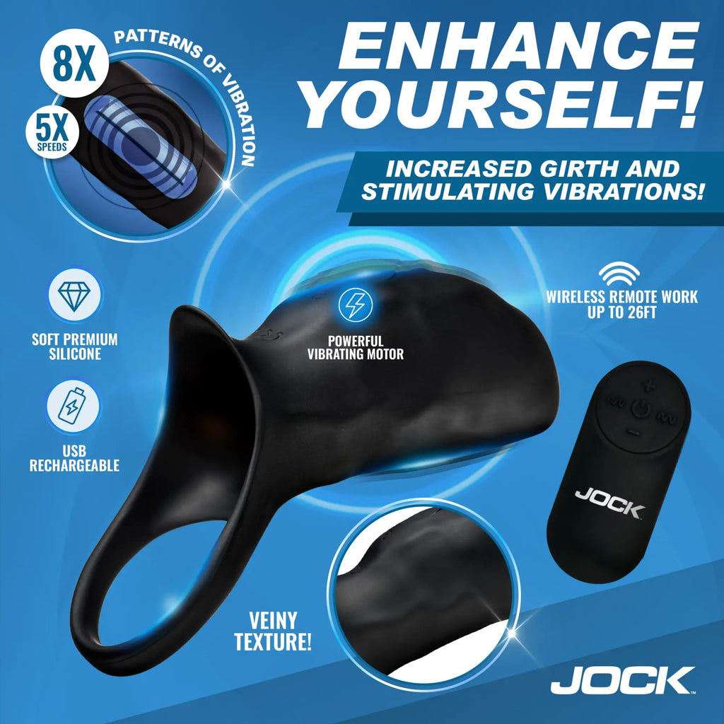 Jock Surge vibrating silicone penis sleeve and C-ring in black, featuring a textured design and wireless remote.