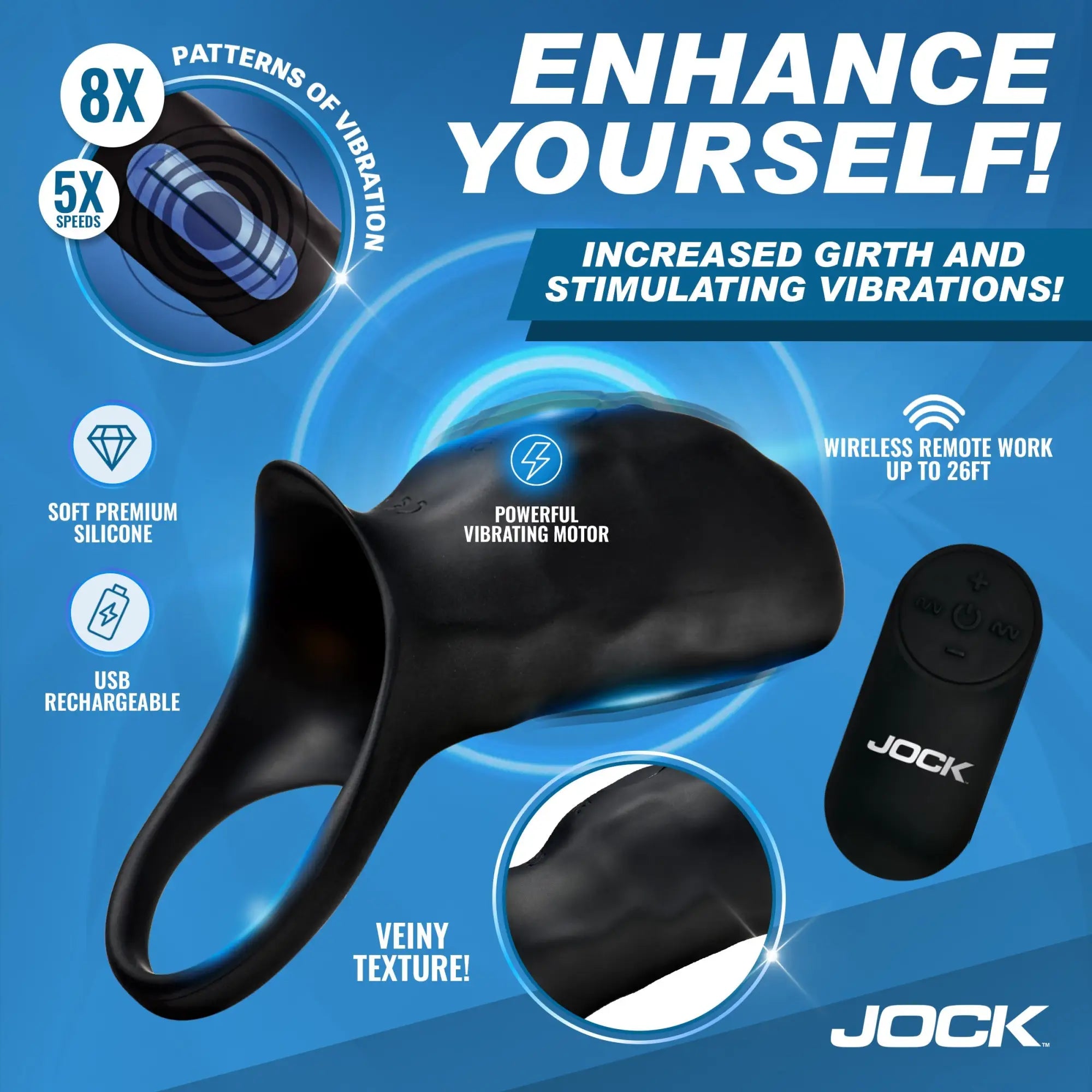 Jock Surge vibrating silicone penis sleeve and C-ring in black, featuring a textured design and wireless remote.