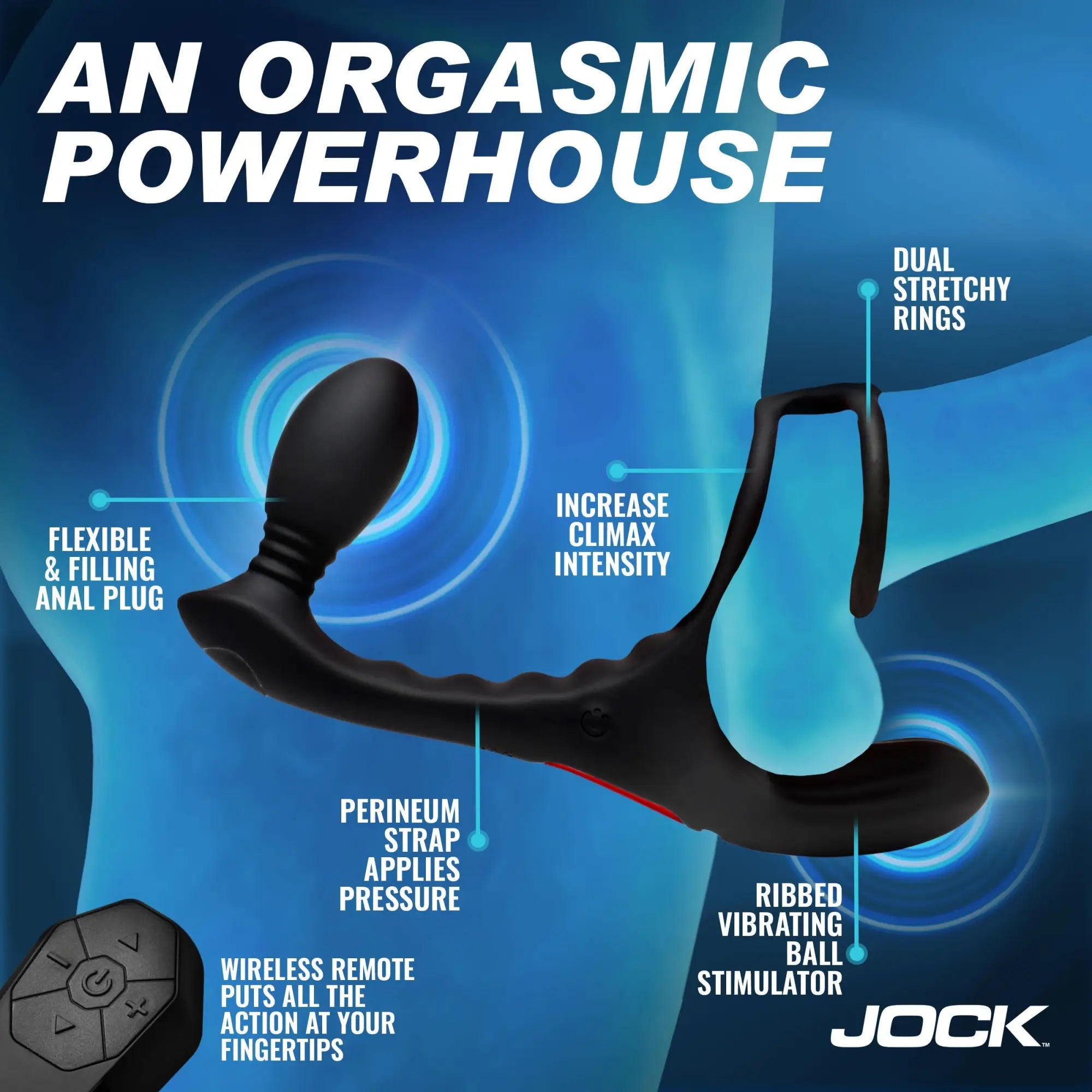 Black Jock Triple Rush vibrating C-ring and anal plug with remote, featuring dual rings and a ribbed ball stimulator.