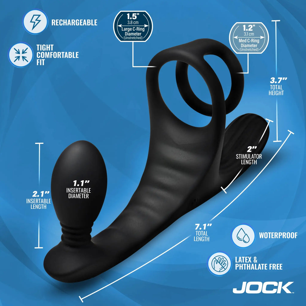 Jock Triple Rush black silicone vibrating C-ring and anal plug with measurements and remote features labeled.