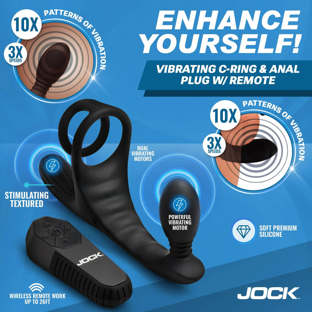 Black Jock Triple Rush silicone vibrating C-ring and anal plug set with wireless remote on a blue background.
