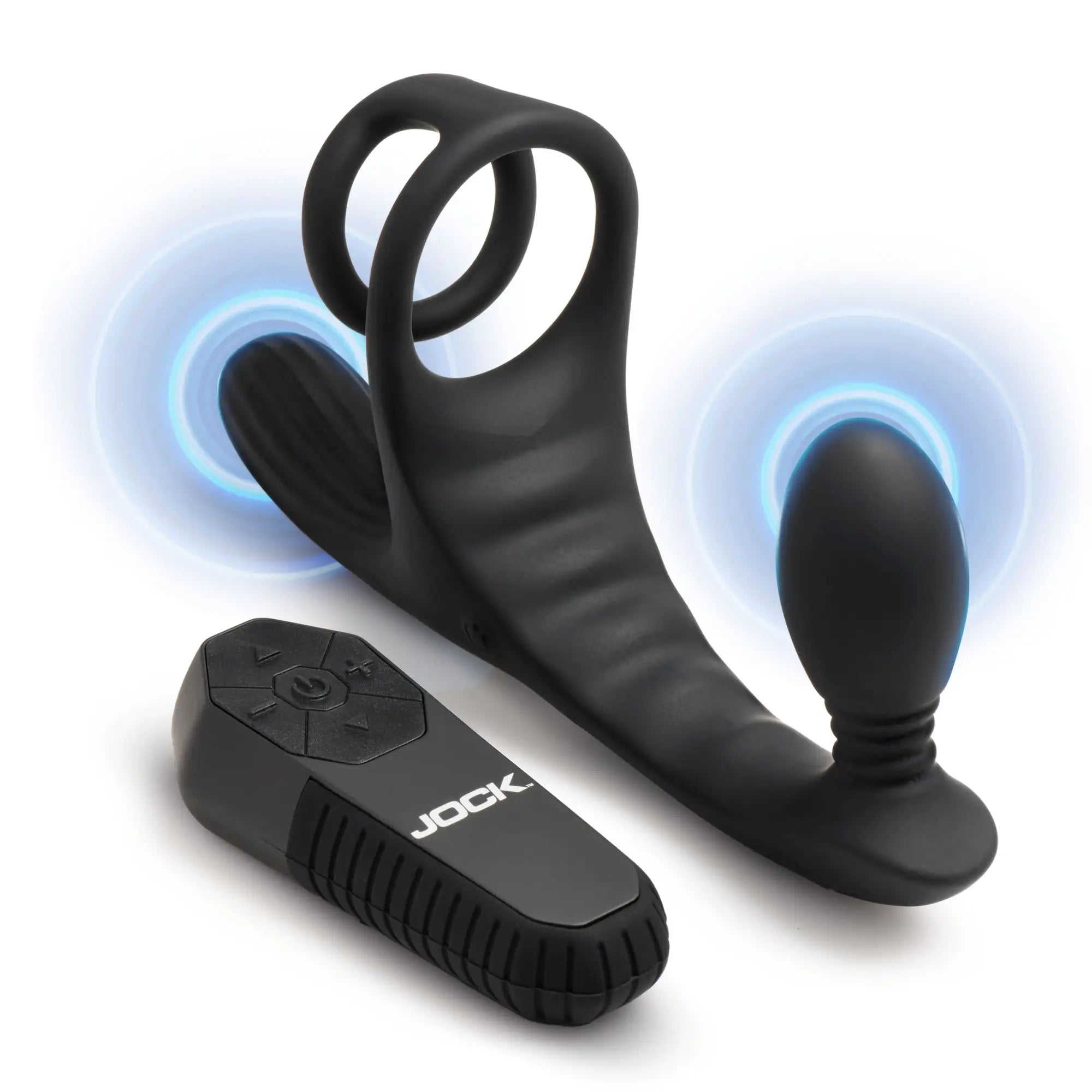 Black Jock Triple Rush vibrating C-ring and anal plug with a handheld remote control, shown on a white background.