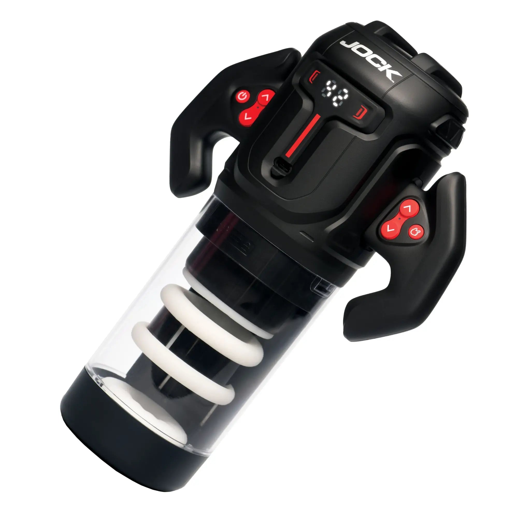 Jock Turbo Spin masturbator: a matte black device with red buttons, digital display, and a clear, internal white sleeve.