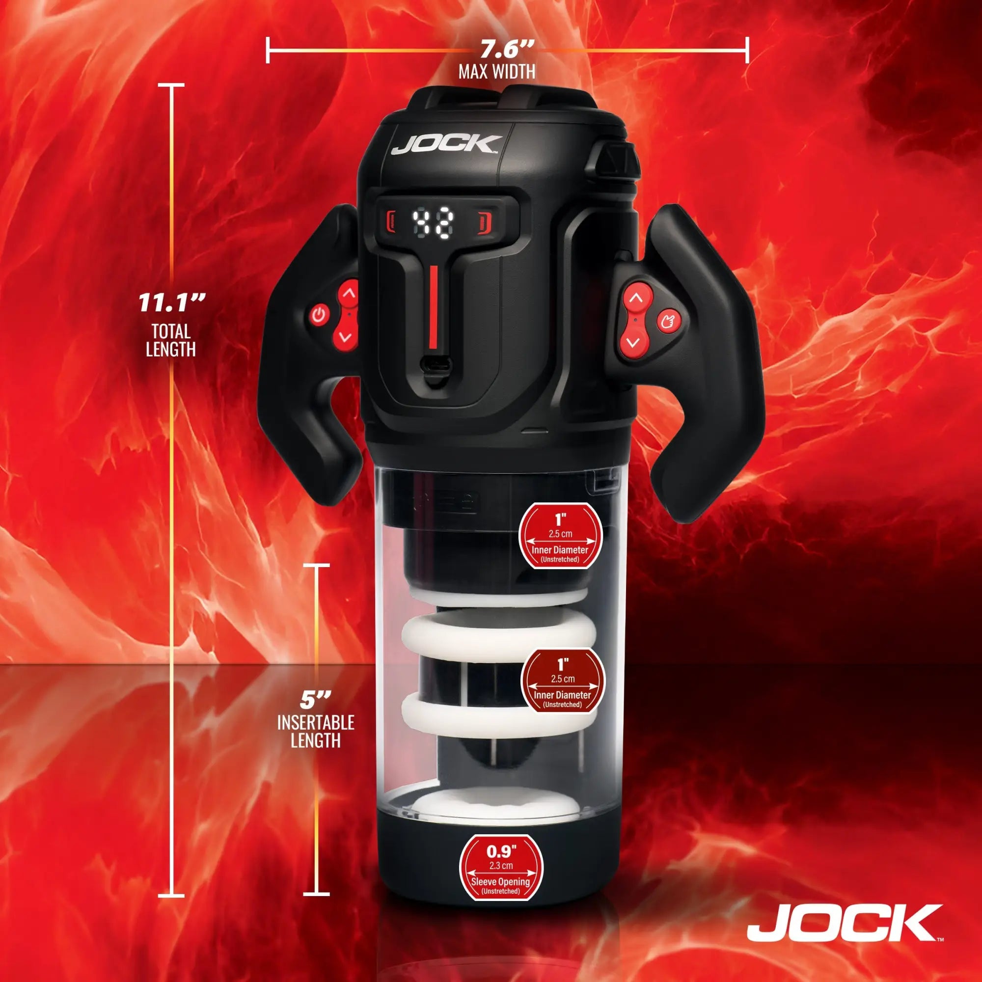 Jock Turbo Spin black masturbator with white internal rings, digital display, and side control handles on red background.