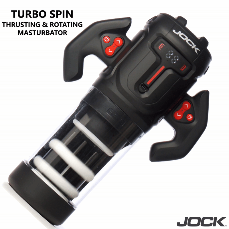 Jock Turbo Spin black and transparent handheld masturbator with red control buttons and a digital display screen.