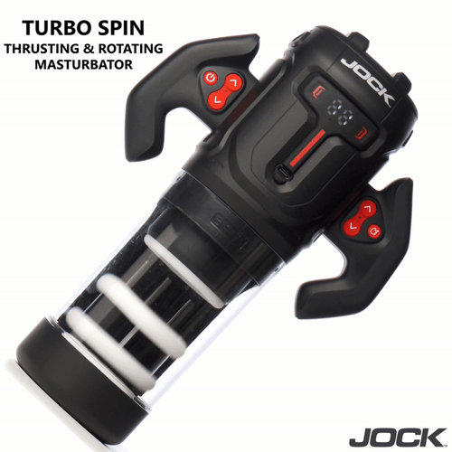 Jock Turbo Spin black and transparent handheld masturbator with red control buttons and a digital display screen.