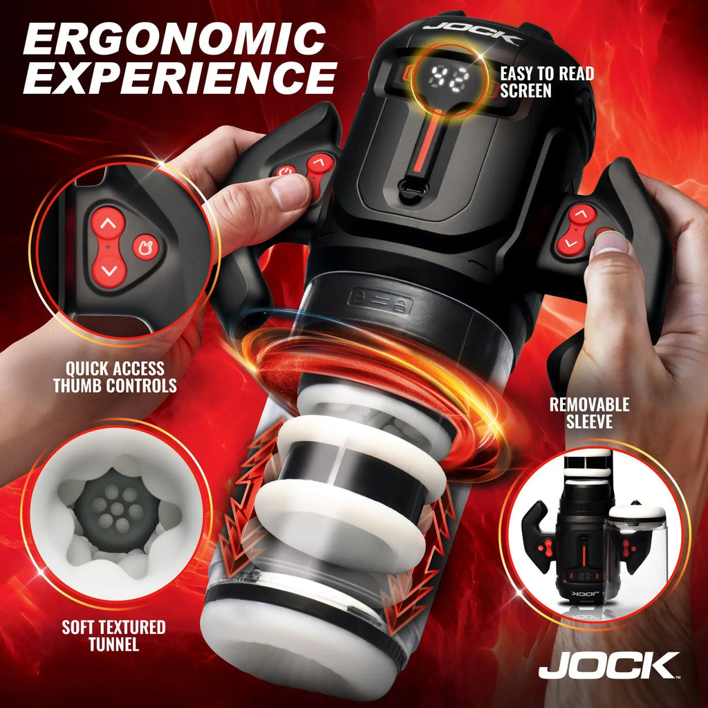 Jock Turbo Spin black masturbator with LED screen, ergonomic handle, thumb controls, and internal textured tunnel.