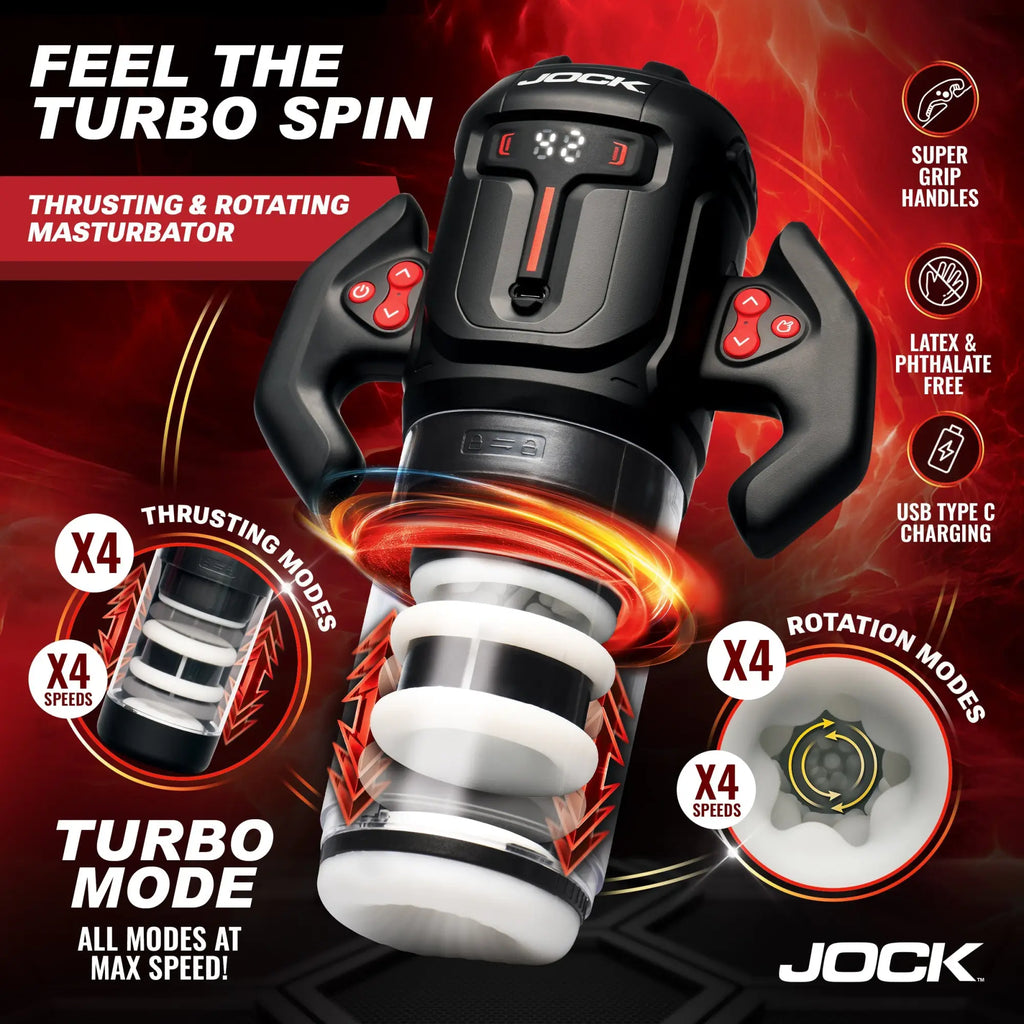 Jock Turbo Spin black masturbator with handles, digital display, and clear sleeve showing internal thrusting mechanism.