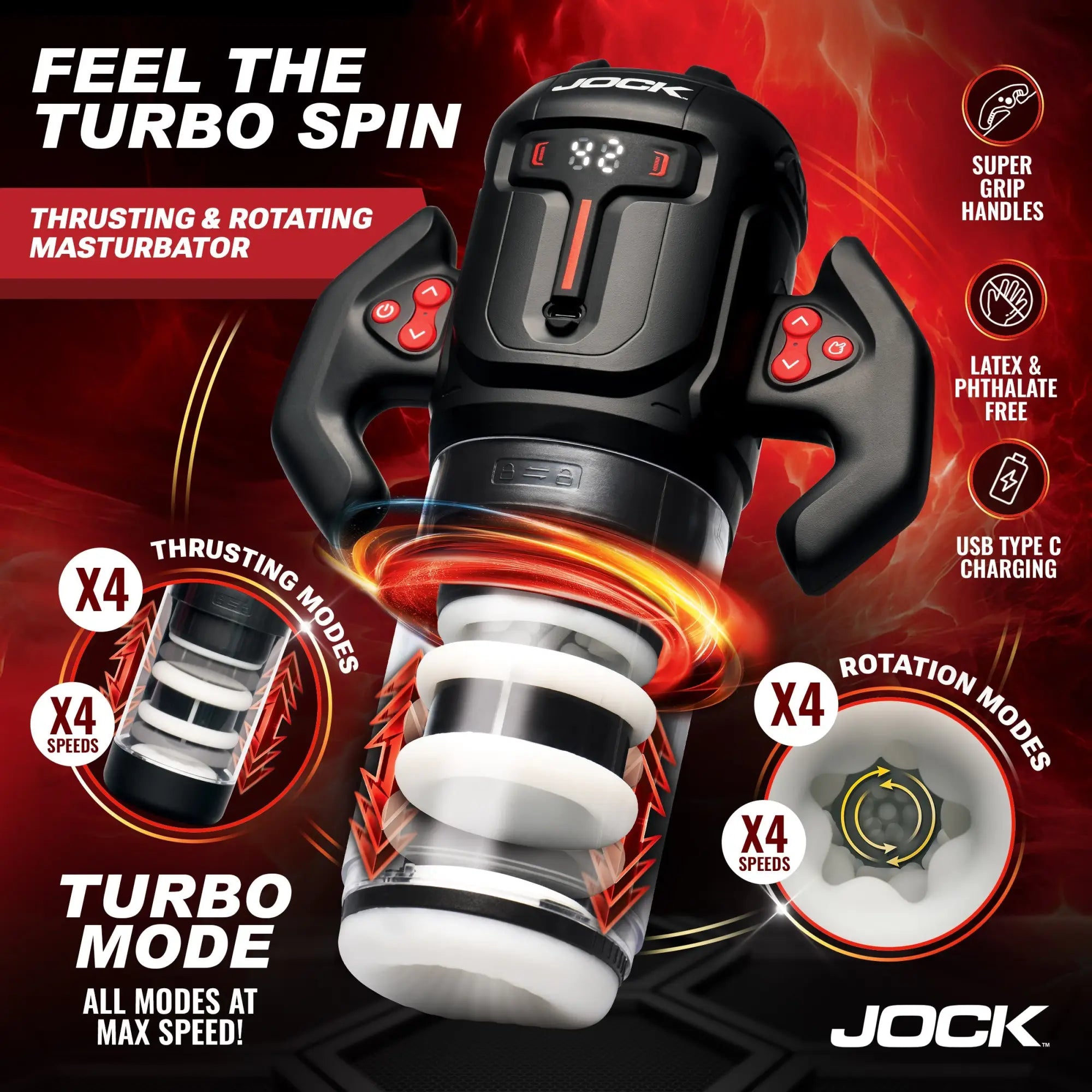 Jock Turbo Spin black masturbator with handles, digital display, and clear sleeve showing internal thrusting mechanism.