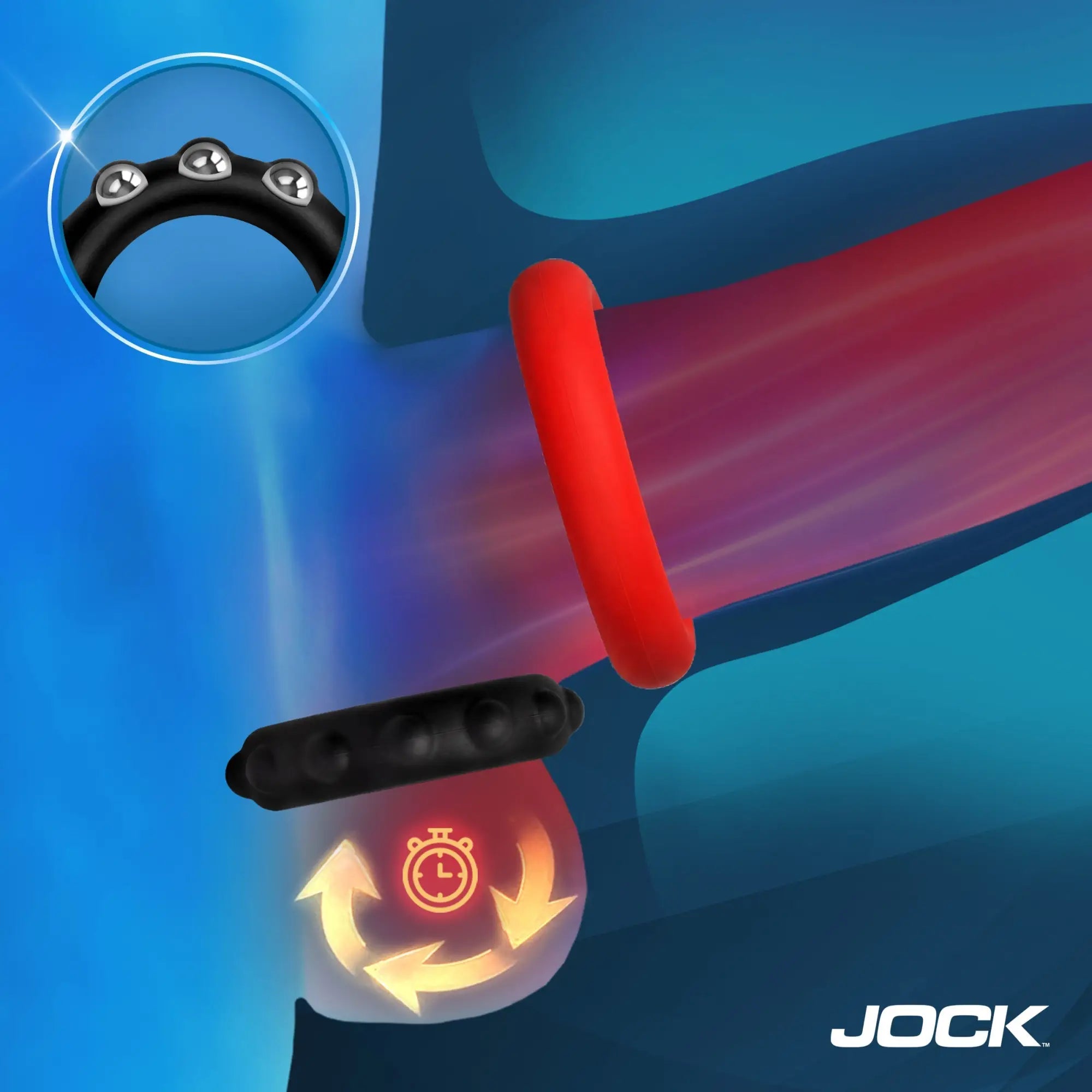 Jock Weighted Silicone C-Ring set featuring a smooth red ring and a black ring with metallic internal weights.