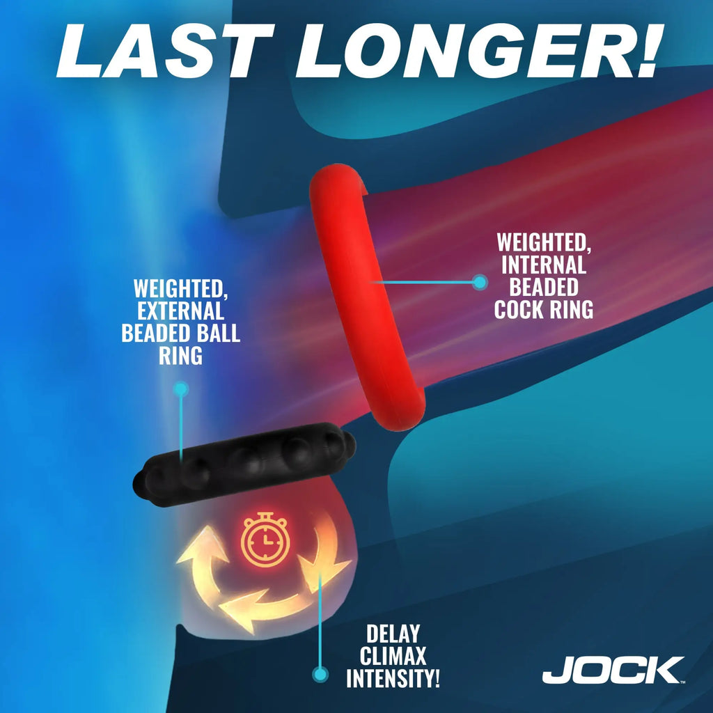 Jock Weighted Silicone C-Ring set: red internal beaded ring and black external beaded ball ring on a blue background.