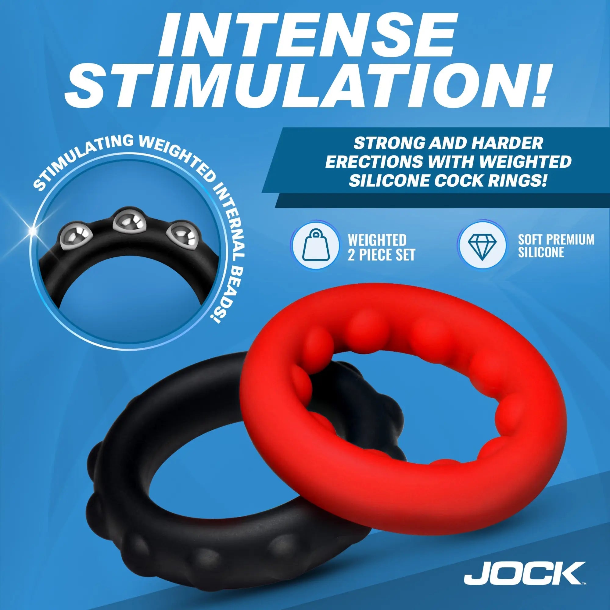 Jock Weighted Silicone C-Ring set: one red and one black ring with textured, beaded silicone designs.