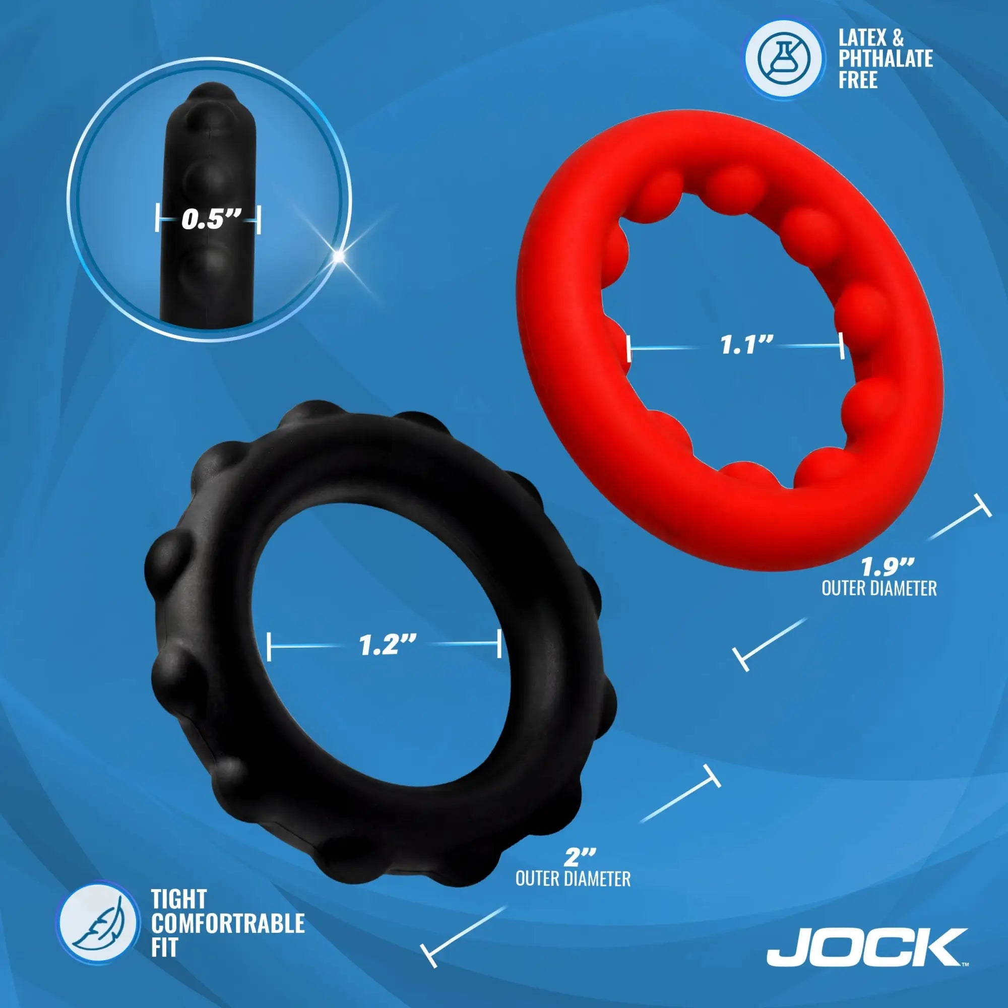 Jock Weighted Silicone C-Ring set in black and red, featuring textured, nubbed designs with labeled dimensions.