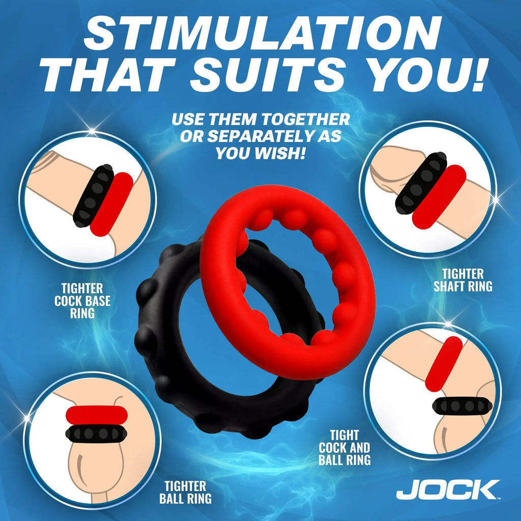 Jock Weighted Silicone C-Ring set featuring one red and one black textured silicone ring shown in various configurations.
