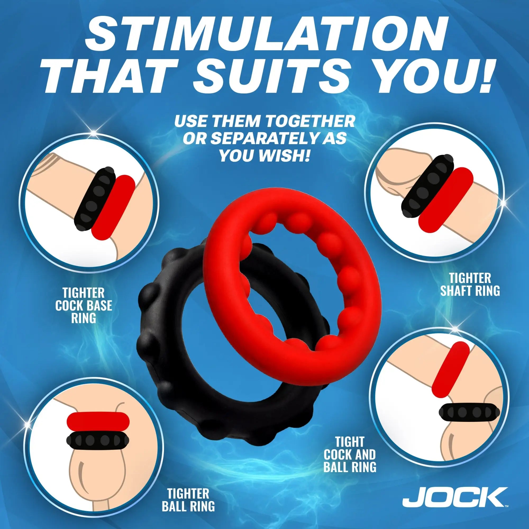 Jock Weighted Silicone C-Ring set featuring one red and one black textured silicone ring shown in various configurations.