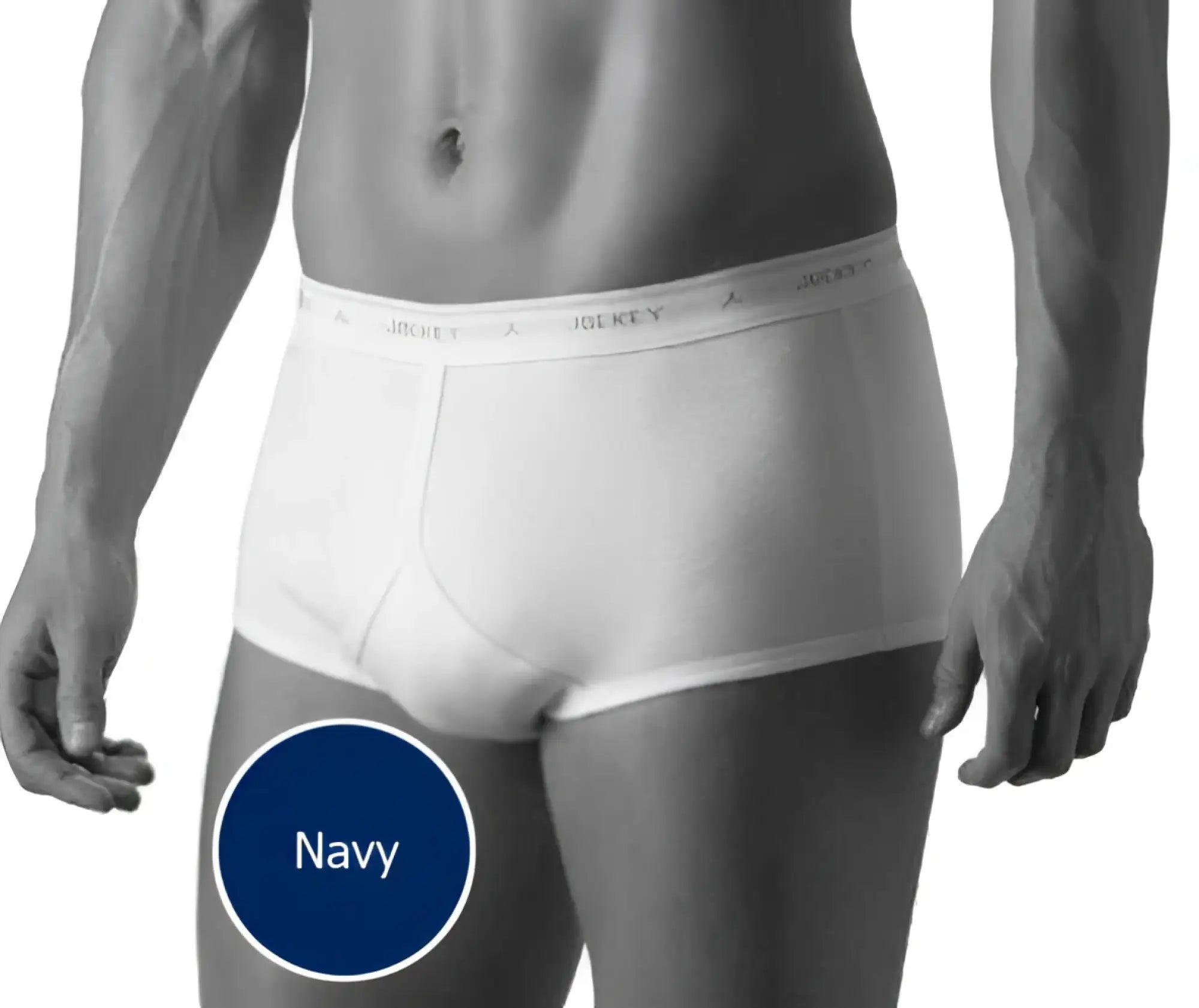 Navy blue jockey classic y-front brief with white elastic waistband size 22 featuring branded logo