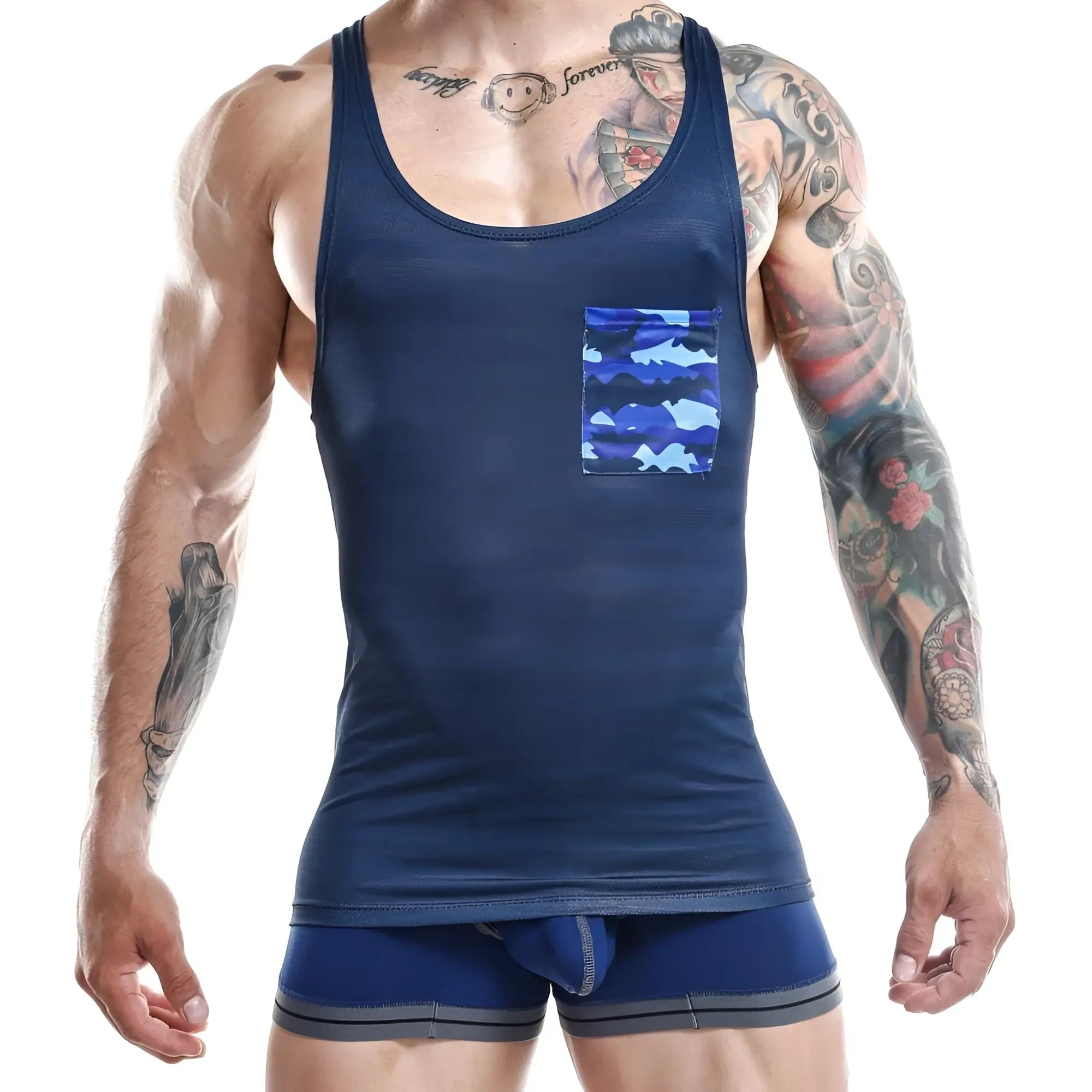 Navy blue mesh tank top jocko jkm002 with blue camouflage pocket made for breathable activewear use