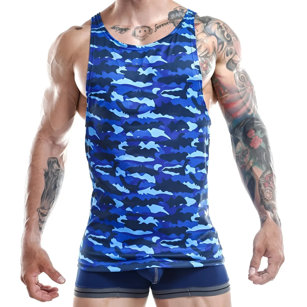 Jocko JKM004 tank top in blue camouflage pattern made of breathable fabric for athletic and casual wear