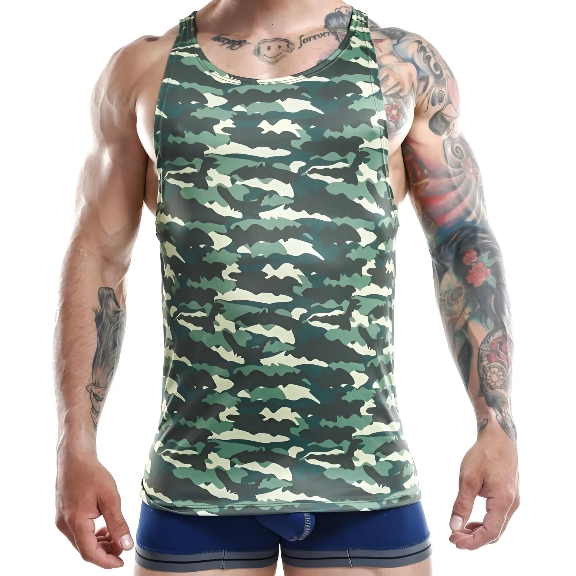 Jocko JKM004 tank top in green and beige camouflage pattern made from breathable athletic fabric