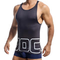 Black jocko jkm005 athletic tank top with bold white doc lettering on lower front ideal for workouts