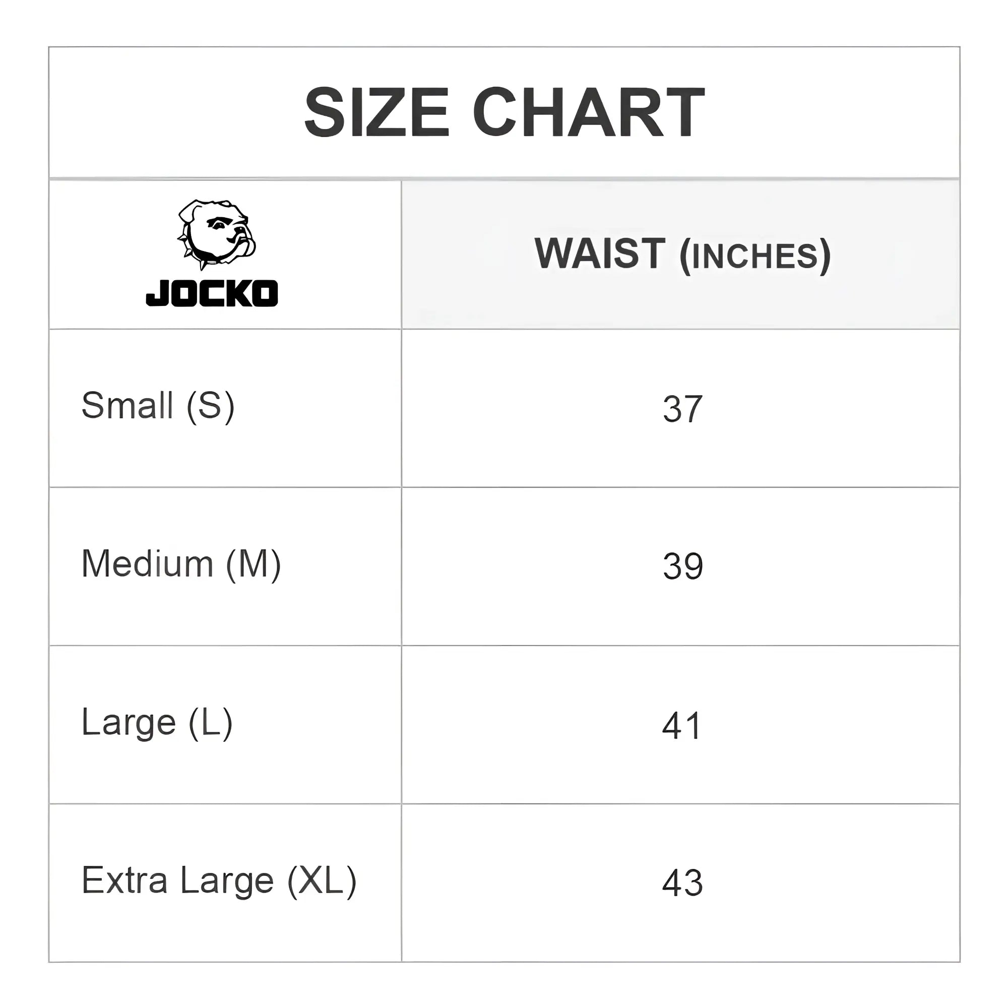 Jocko JKM005 tank tops size chart showing waist measurements for small medium large and extra large sizes