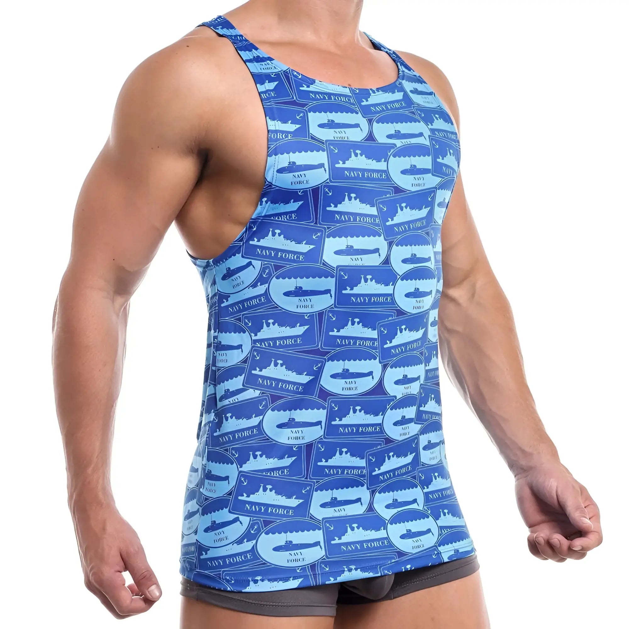 Blue jocko jkm007 tank top with navy ships pattern and lighter blue navy force text for casual wear