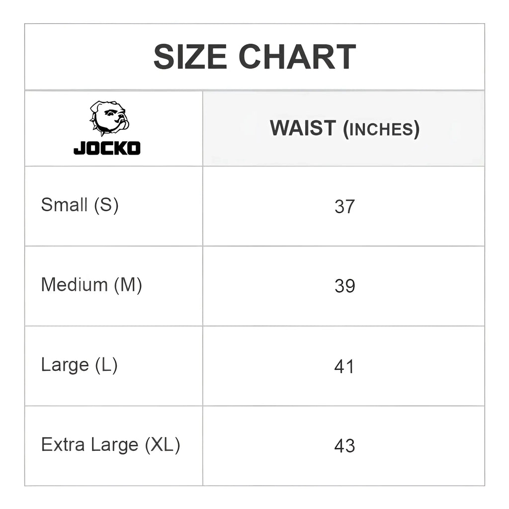 Jocko JKN001 t-shirt size chart showing waist measurements for small to extra large sizes