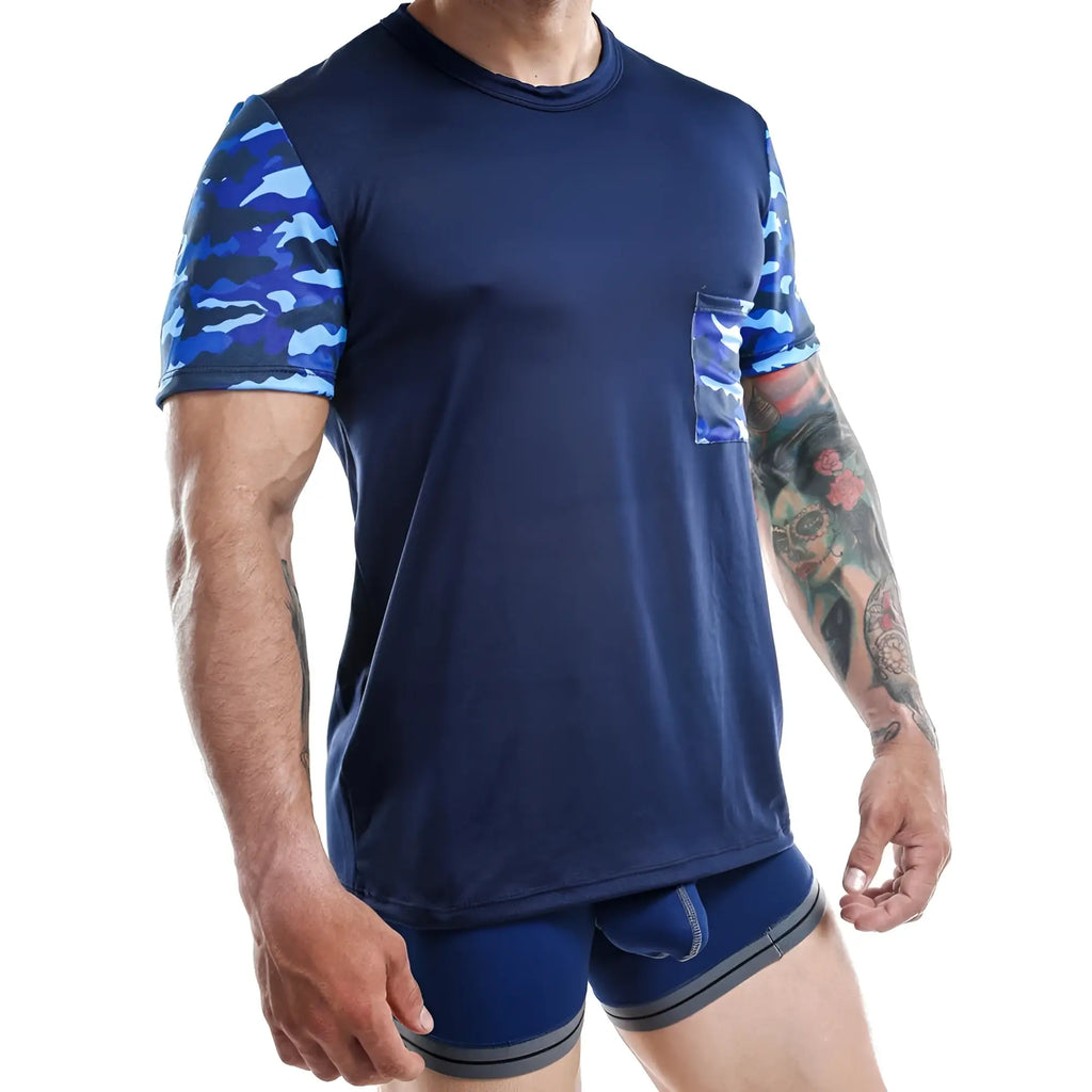 Navy blue jocko jkn001 t-shirt with bold blue camouflage pattern on shoulders and chest pocket paired with matching shorts