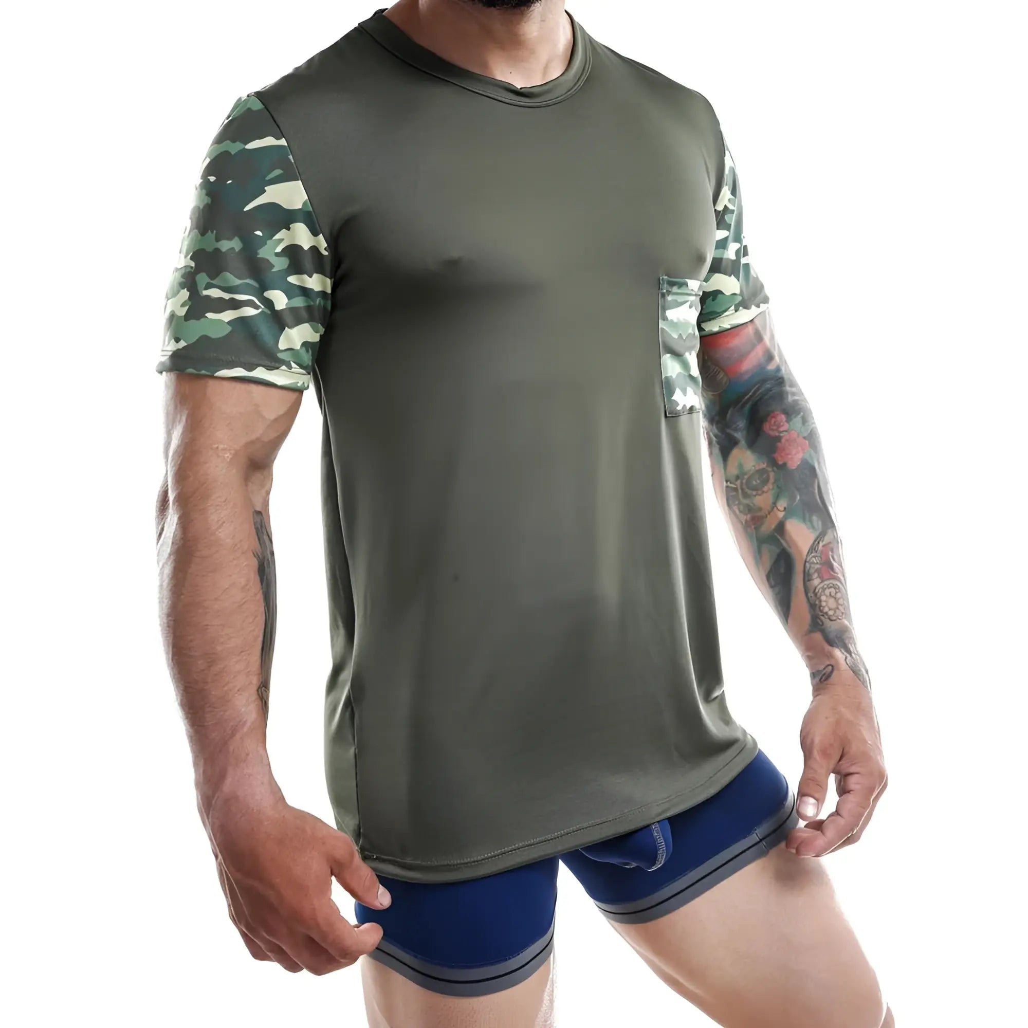 Jocko JKN001 olive green short-sleeved t-shirt with camouflage sleeves and matching pocket in soft cotton material