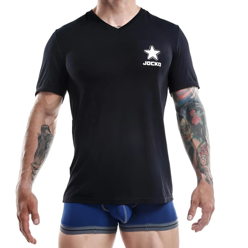 Black v-neck Jocko JKN002 t-shirt with white star and Jocko logo on left chest pocket in cotton fabric