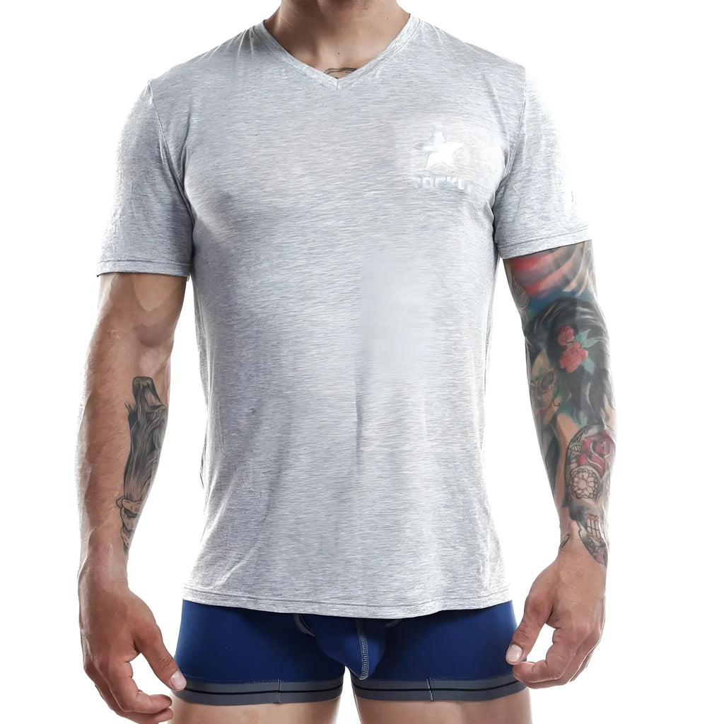 Gray heathered v-neck jocko JKN002 t-shirt with a white star logo on the chest made of soft cotton fabric
