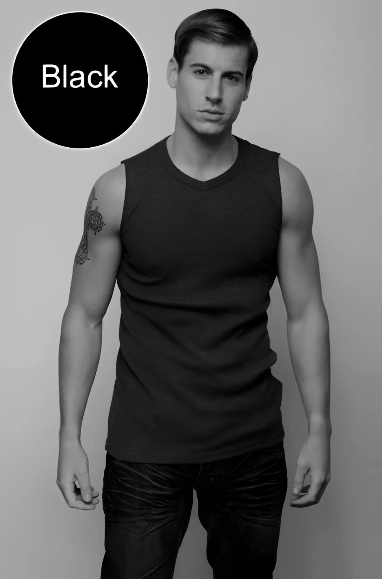 Black sleeveless jocko van v neck muscle top t shirt size l made of breathable fabric for casual wear
