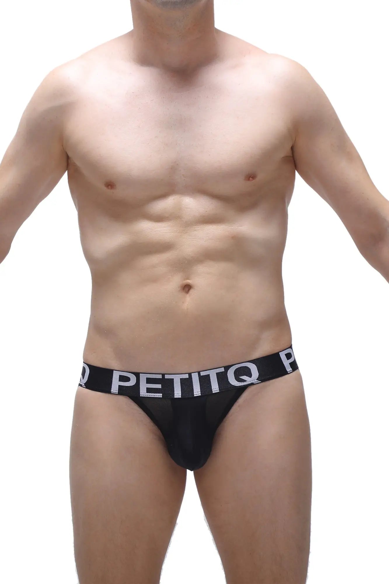 Black petitq brand jockstrap andlau briefs with white logo band on waistband in front view