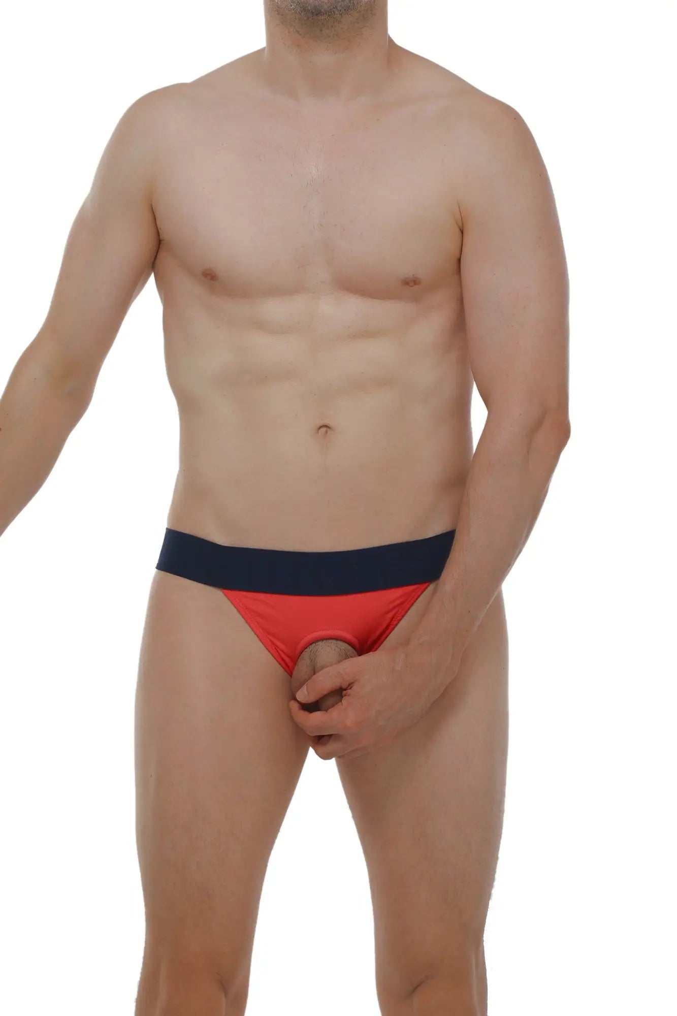 Red and navy blue jockstrap anjouin fuchsia athletic briefs with snug fit design for active support