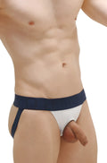 White and navy blue jockstrap anjouin athletic briefs with supportive contoured design for active wear