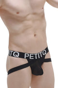 Black petitq jockstrap arlas net with sheer mesh front and bold white lettering on waistband briefs